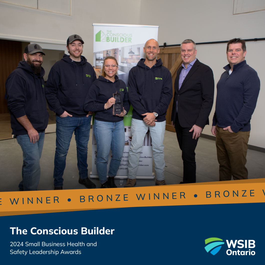 Small Business Health and Safety Leadership Awards - Bronze winner Rodney C. Cook (second from right), Vice President, and Martin Robert (right), Assistant Director of Workplace Health and Safety Services, present the bronze 2025 Small Business Health and Safety Leadership Award to The Conscious Builder team.