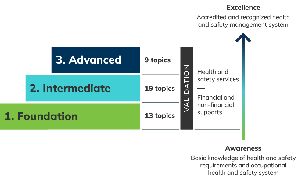 A graphic depicting the three levels of the Health and Safety Excellence program as steps. The bottom step is the foundation level that has 13 topics, the middle step is the intermediate level that has 17 topics and the top step is the advanced level that has nine topics. Beside all of the steps are the words "validation," "health and safety services," and "financial and non-financial supports." There is also an upward facing arrow that runs alongside all of the steps. At the bottom of the arrow underneath 